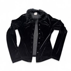 Marabou Feather Trim Black Velour Jacket Cardigan Y2K Whimsygoth 90s Bratz